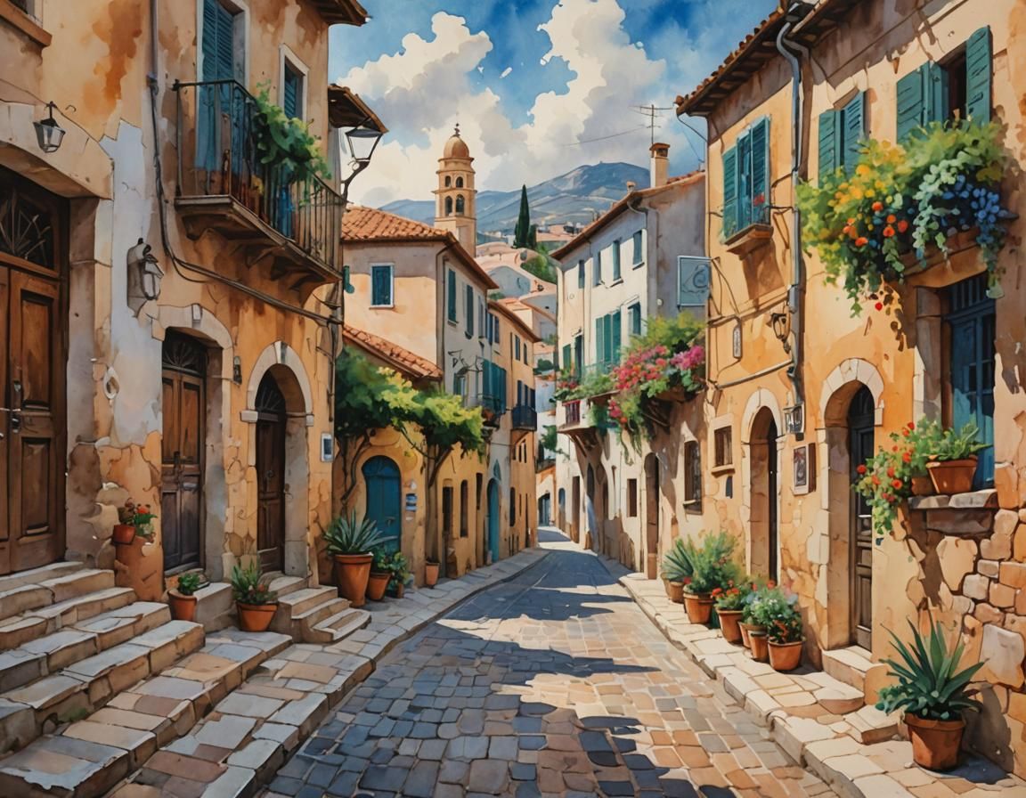 Mediterranean Street Scene in Gouache Style