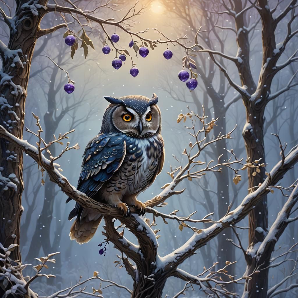 Mistletoe Owl in Winter Forest: Fantasy Concept Art