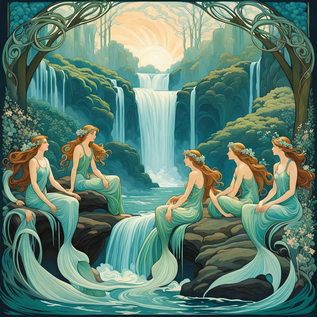 Mystical Mermaids by Waterfall in Art Nouveau Style