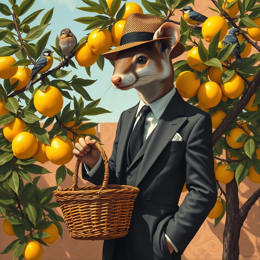 Stylish Weasel Harvesting Lemons in Sicily