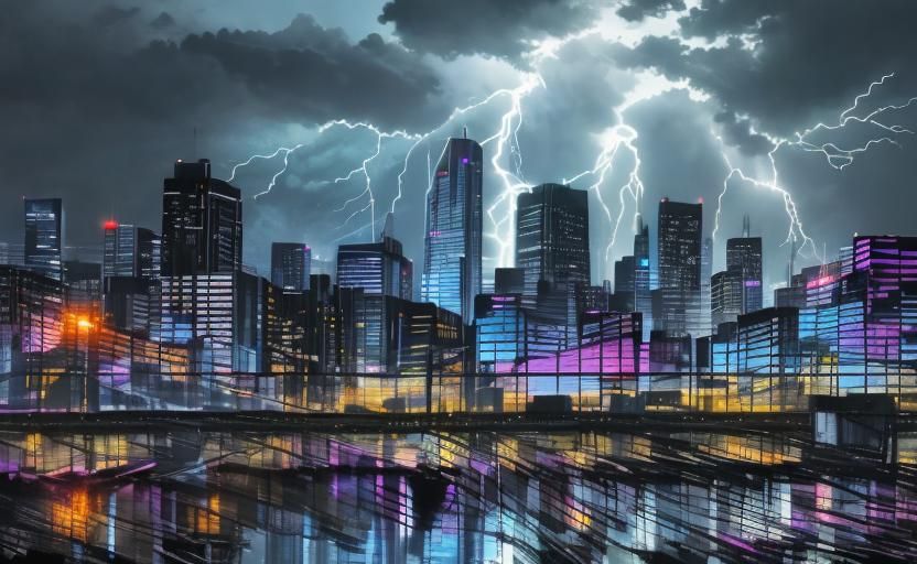 Minneapolis Cityscape Lightning Storm in Oil Painting Style