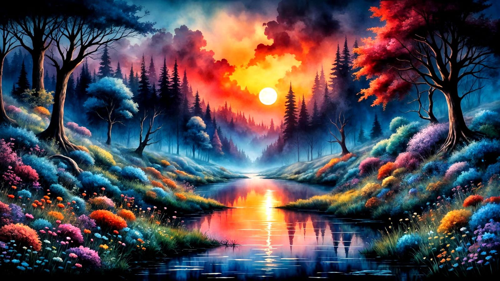 Fantasy Watercolor Art of a Swampy River at Eclipse