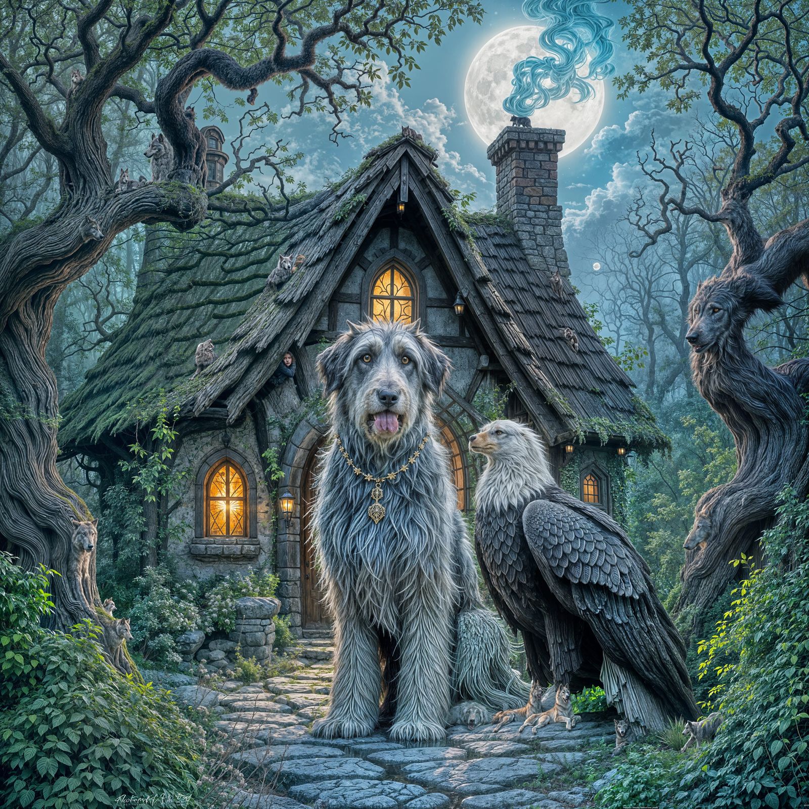 Enchanted Forest Cottage Guarded by Wolfhound and Eagle