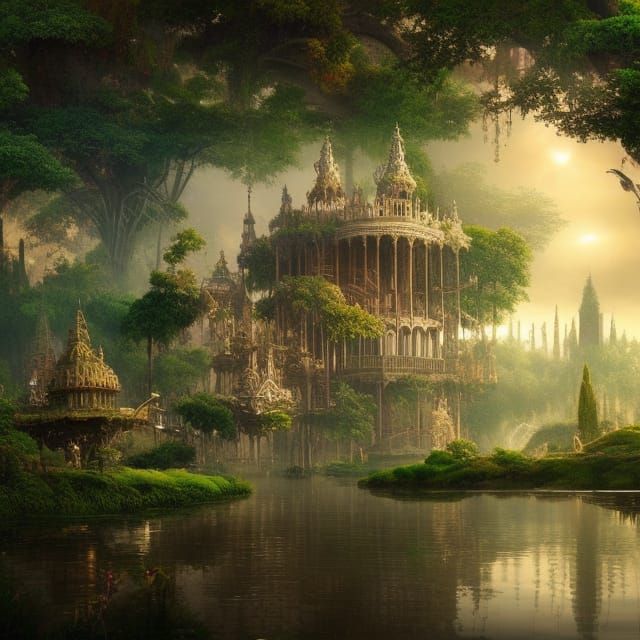 Utopian City with Floating Gardens