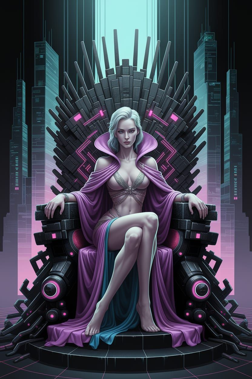 Cyberpunk Queen on Circuit Throne Illustration