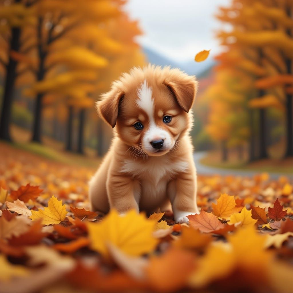 Adorable Puppy in Autumn Leaves on Overcast Afternoon