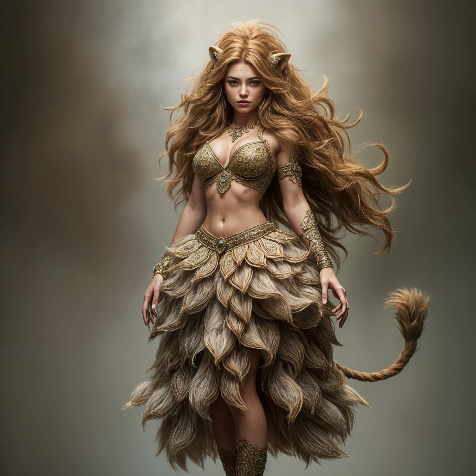 Hyperrealistic Woman as Lioness with Furry Skirt and Tail