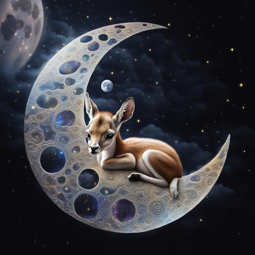 Baby Gazelle on Crescent Moon in Starry Night