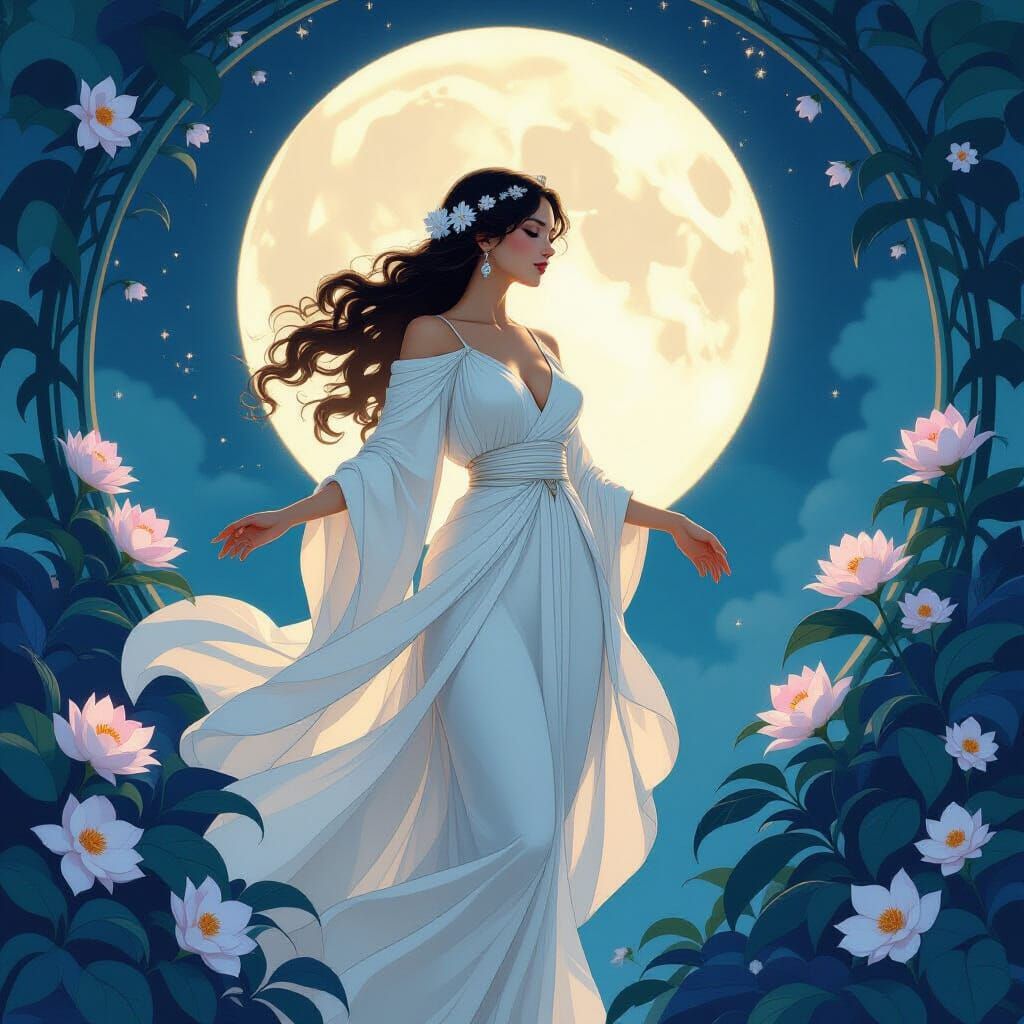Ethereal Moon Goddess in Art Nouveau Style