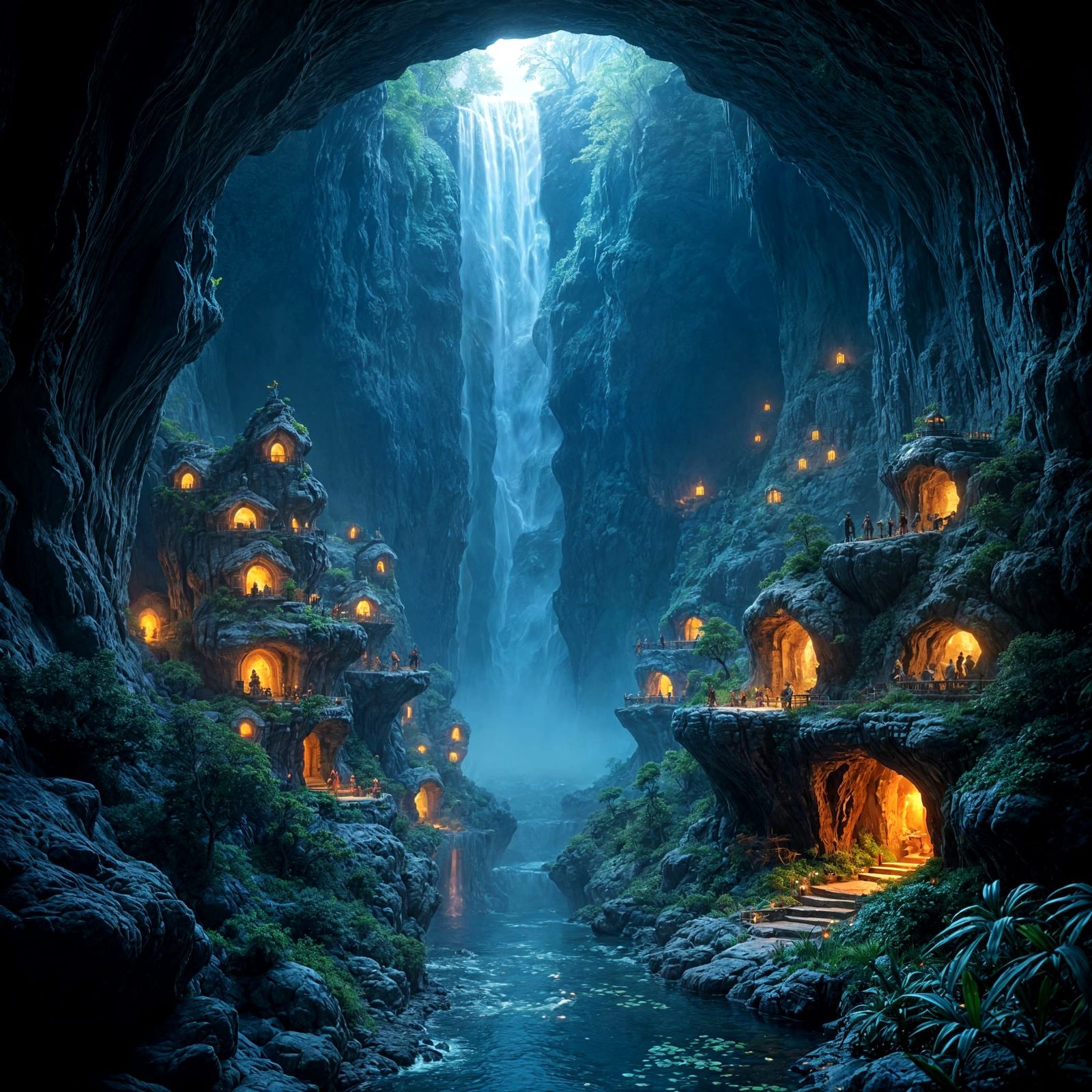 Hidden Cavern Village Illuminated by Bioluminescence