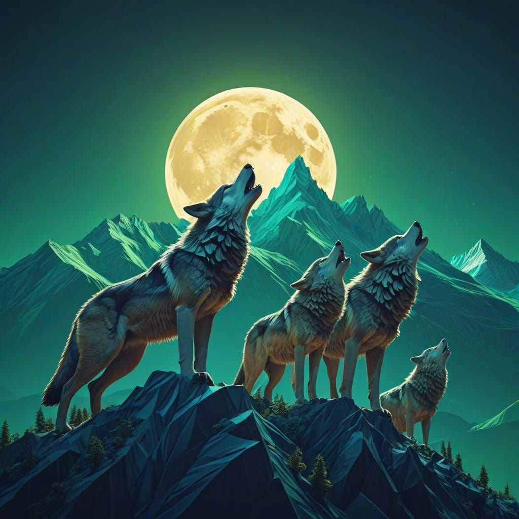 Wolf Pack Howling at Moon in Surreal Landscape