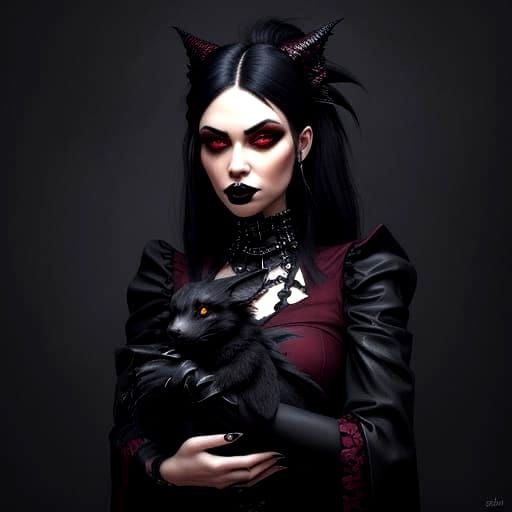 Goth Punk Girl With Baby Dragon, Moody & Cute