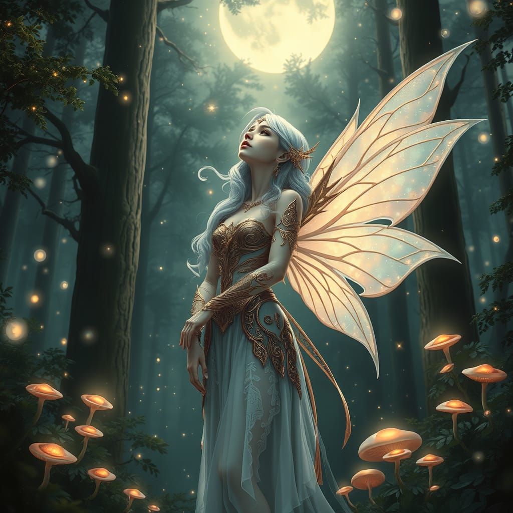 Ethereal Fairy in Rose Gold Armor Stands Amidst Starry Fores...