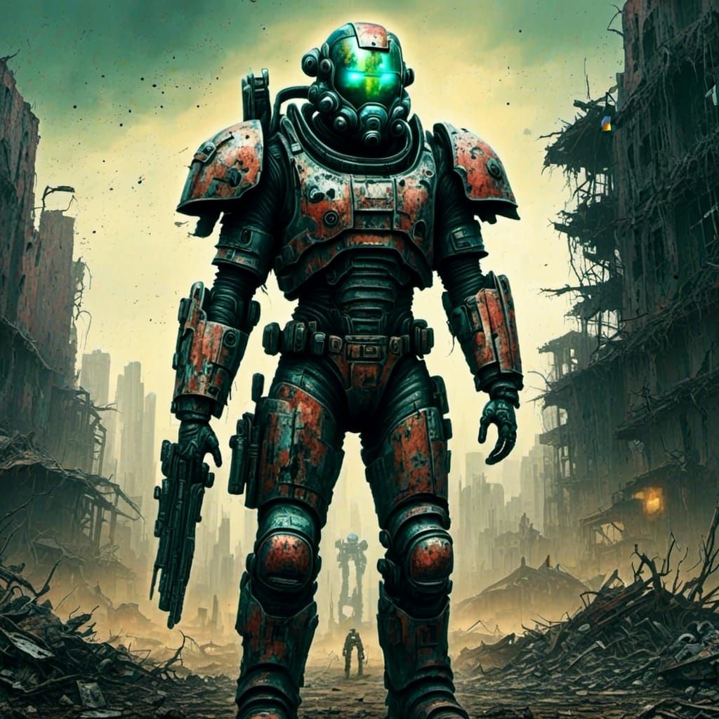 Cyberpunk Figure in Post-Apocalyptic Ruins