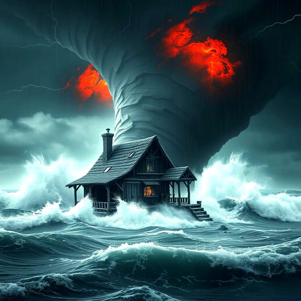 Storm-Ravaged Village House in Black and White