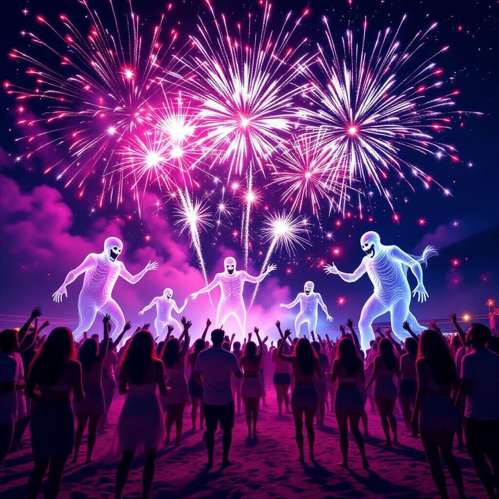 Spectral Beach Party Under Fireworks