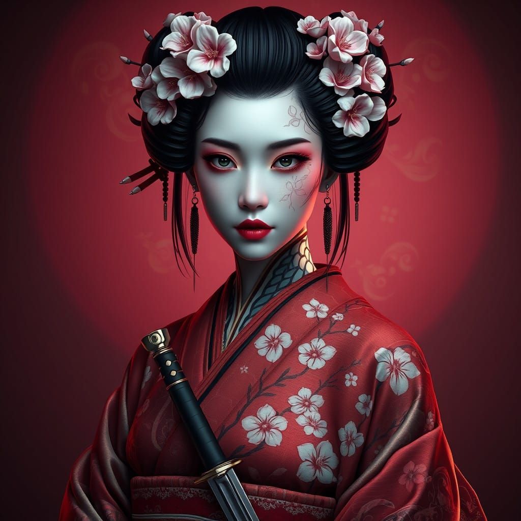 Cyborg Geisha in Vibrant, Triadic Colors