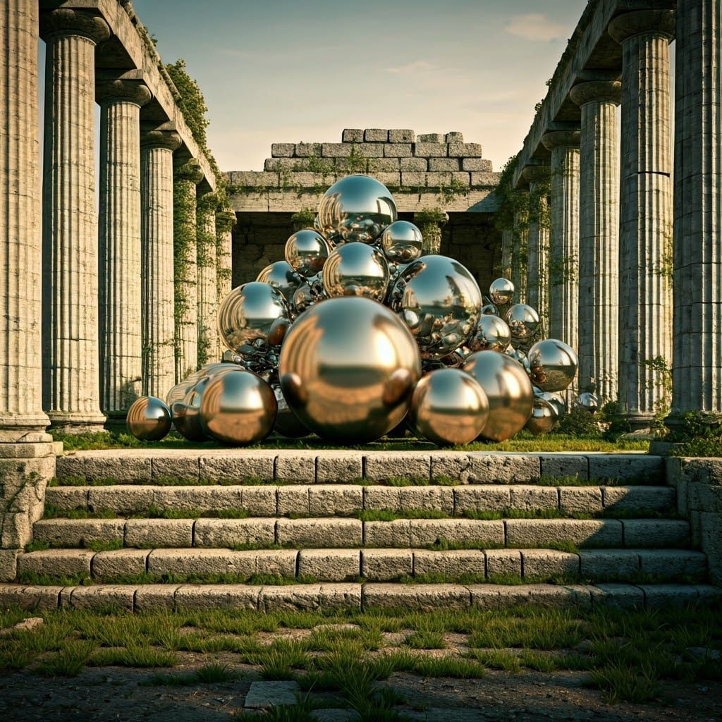 Ancient Greek Temple Transformed by Shimmering Metallic Orbs