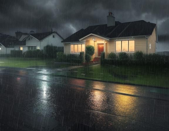 Heavy Rain Falling on House and Rose