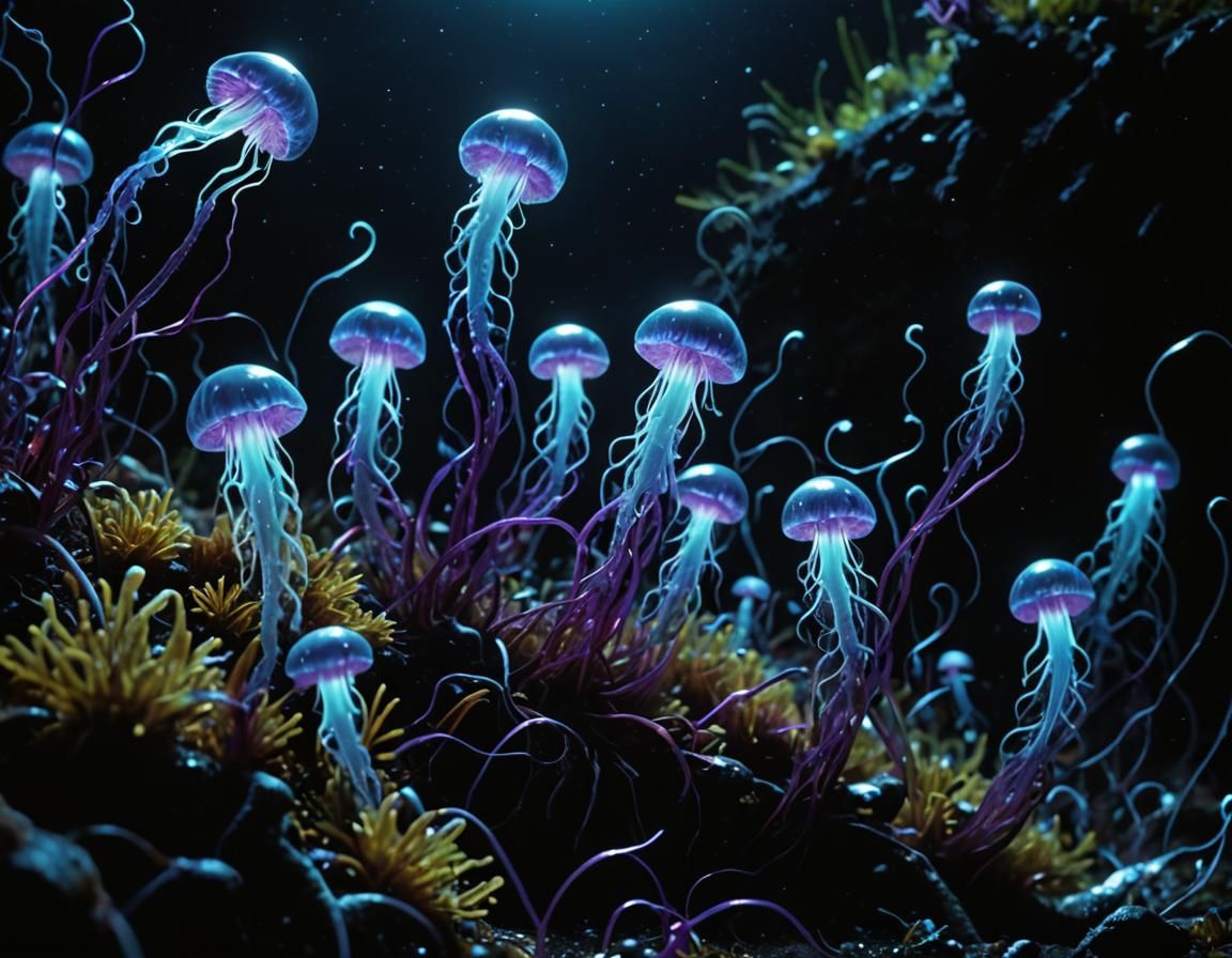 Bioluminescent Creatures Roam a Dark Ecosystem