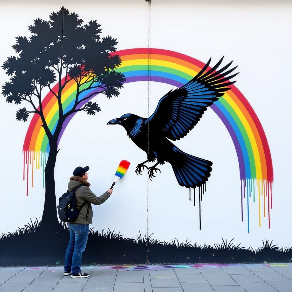 Minimalist Raven Rainbow Mural in Banksy Style