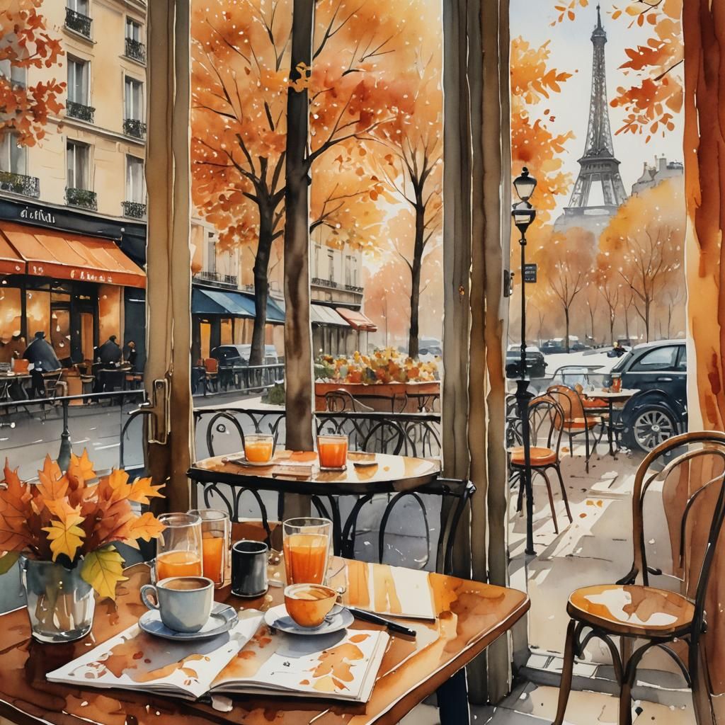 Parisian Cafe Scene with Eiffel Tower in Watercolor
