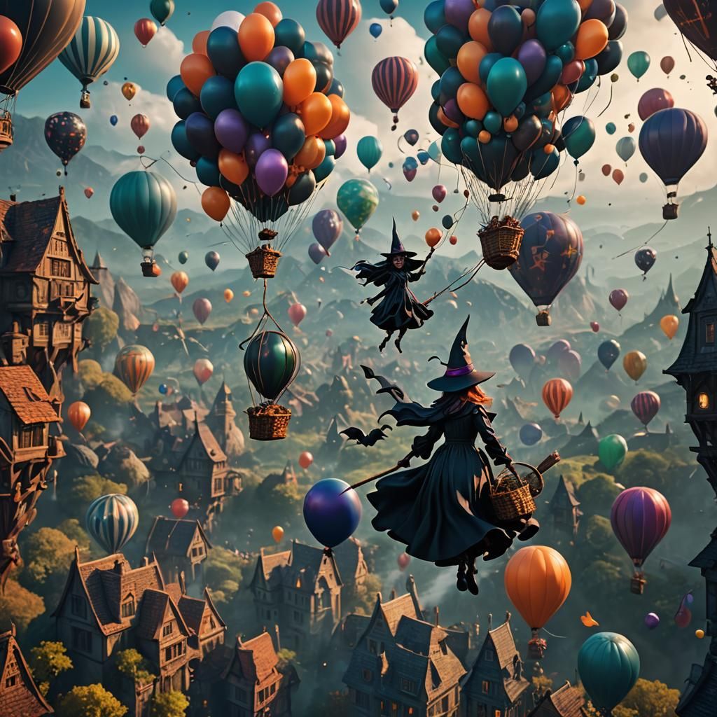 Witches Flying Among Balloons in Detailed Fantasy Art