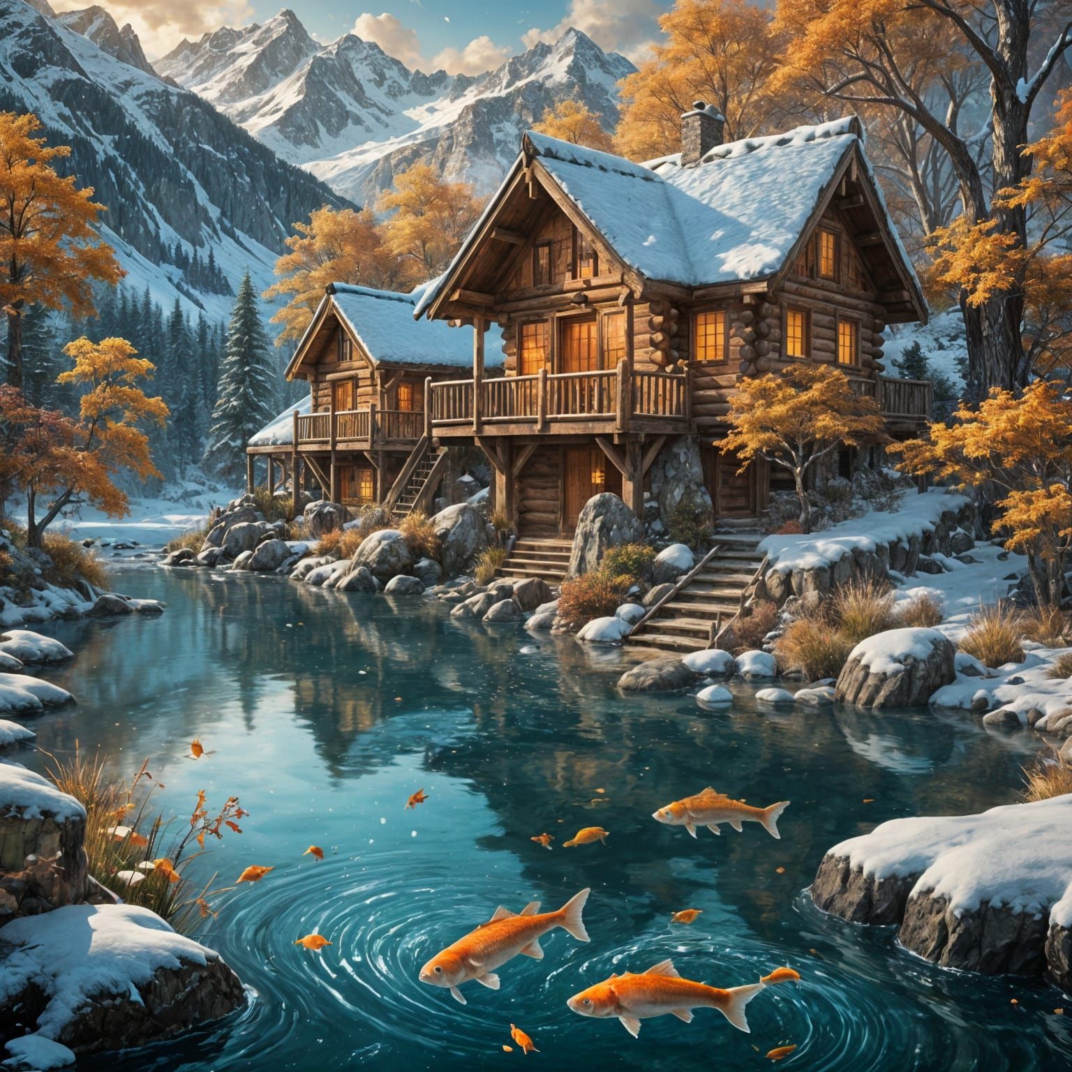 Cabin by River with Leaping Fish, Detailed Matte Painting
