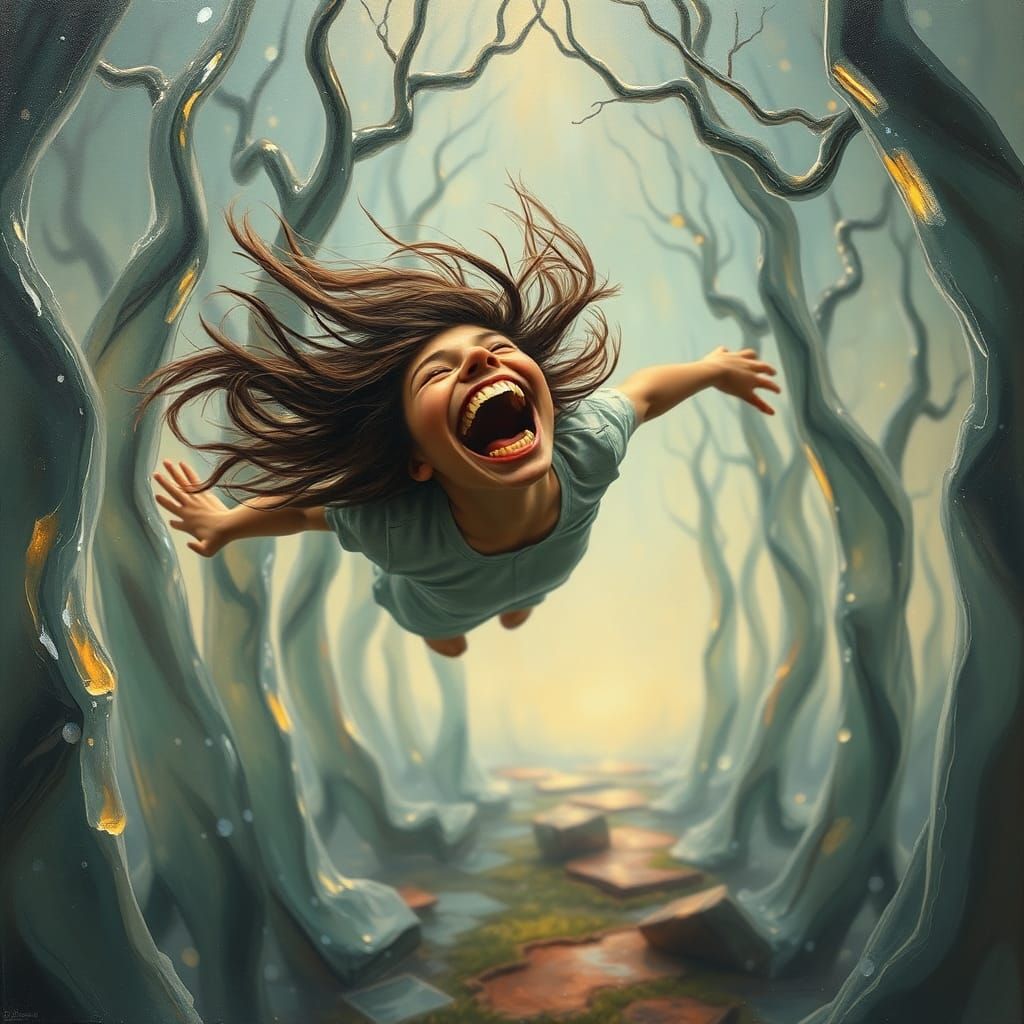 Laughing Figure in Surreal Glass Forest