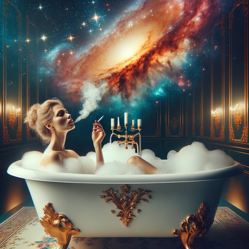 Woman in Opulent Bathtub with Nebula Backdrop