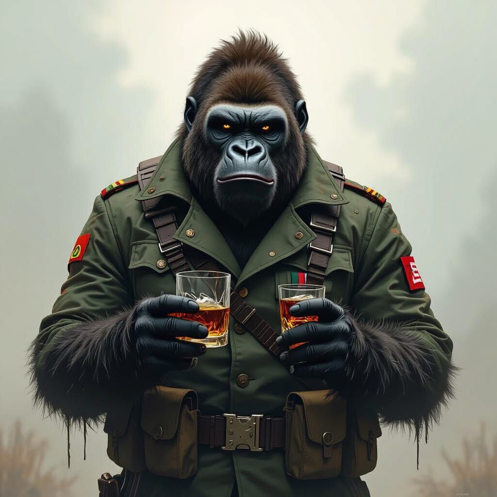 Gorilla Soldier Enjoys Whiskey in Moody Cinematic Scene
