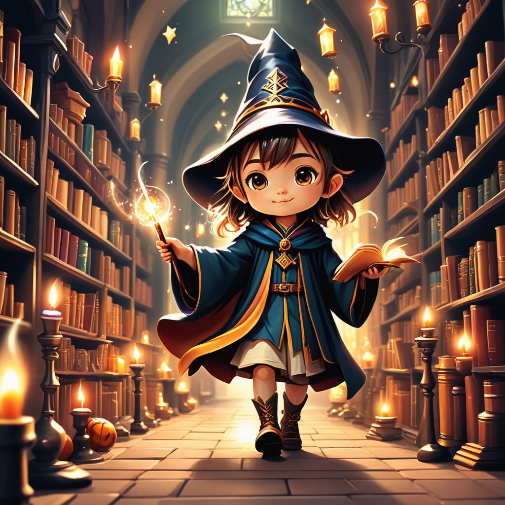 Chibi Wizard Student in Academy, Fantasy Concept Art