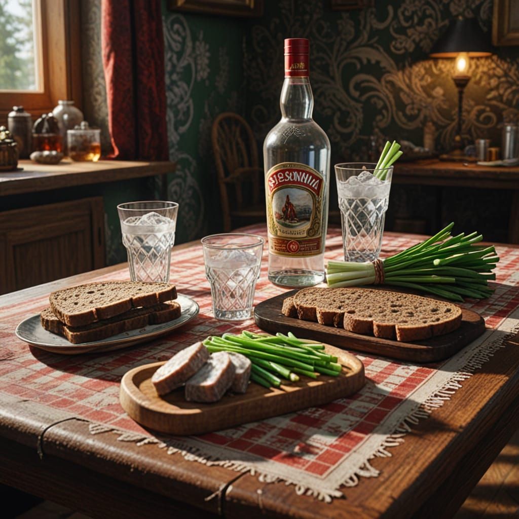 Russian Zakuski Table Setting with Vodka