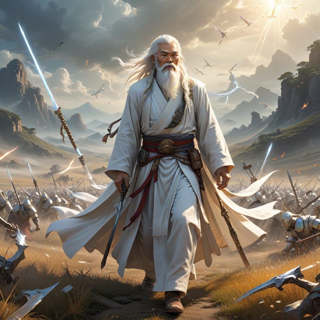 Elegant Sage Warrior Surrounded by Celestial Swords