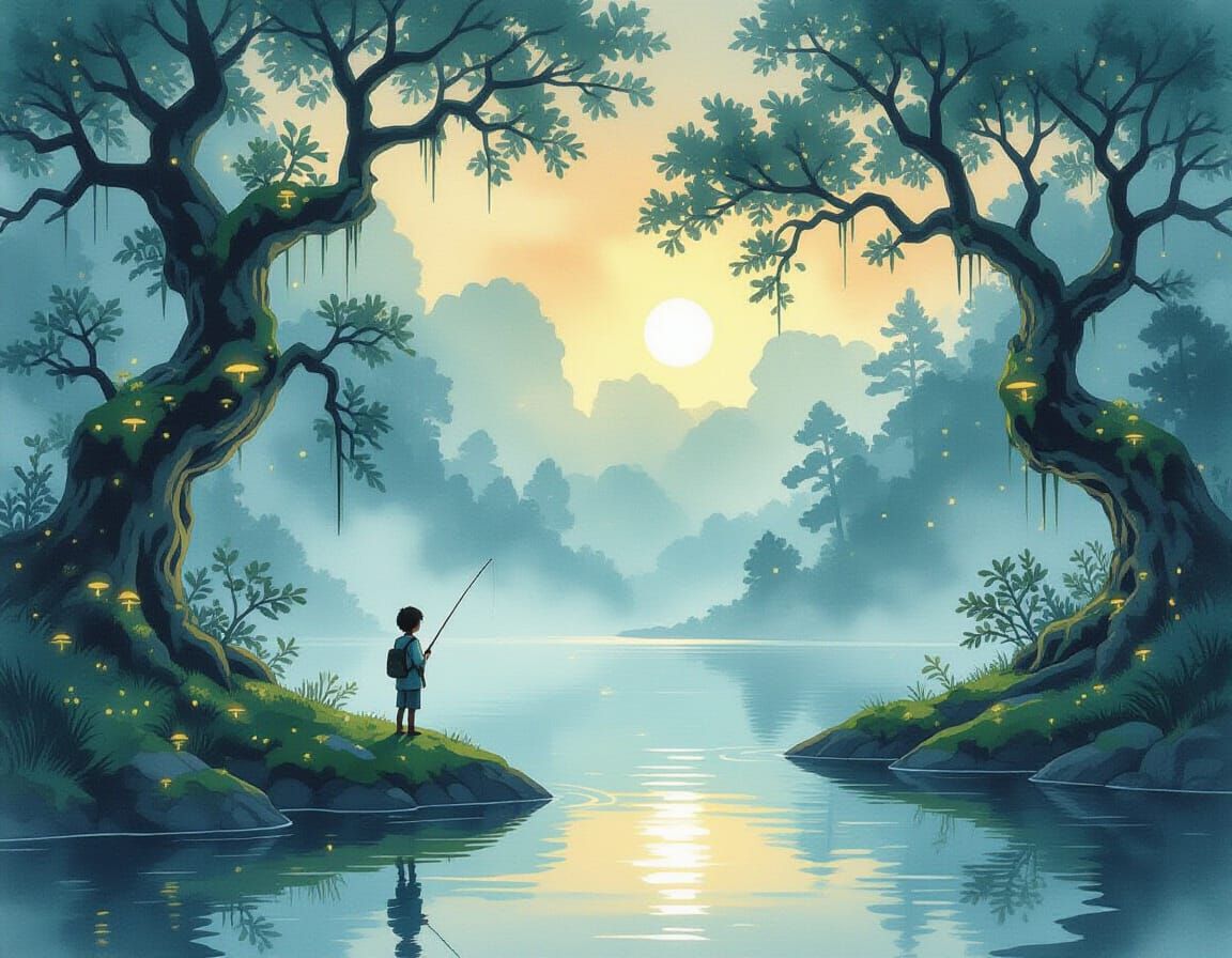 Boy Fishing in Bioluminescent Forest, Ink Wash