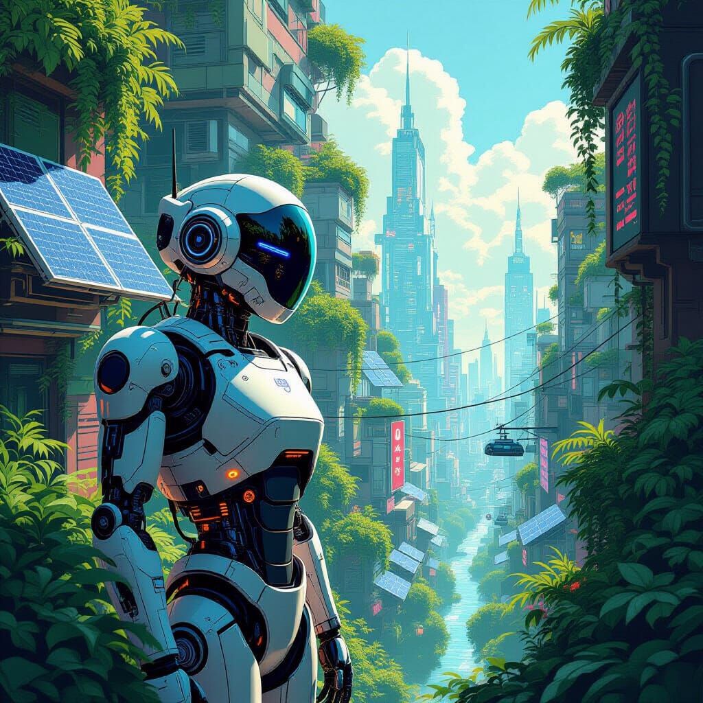 Robot in a Vibrant Solarpunk Cityscape