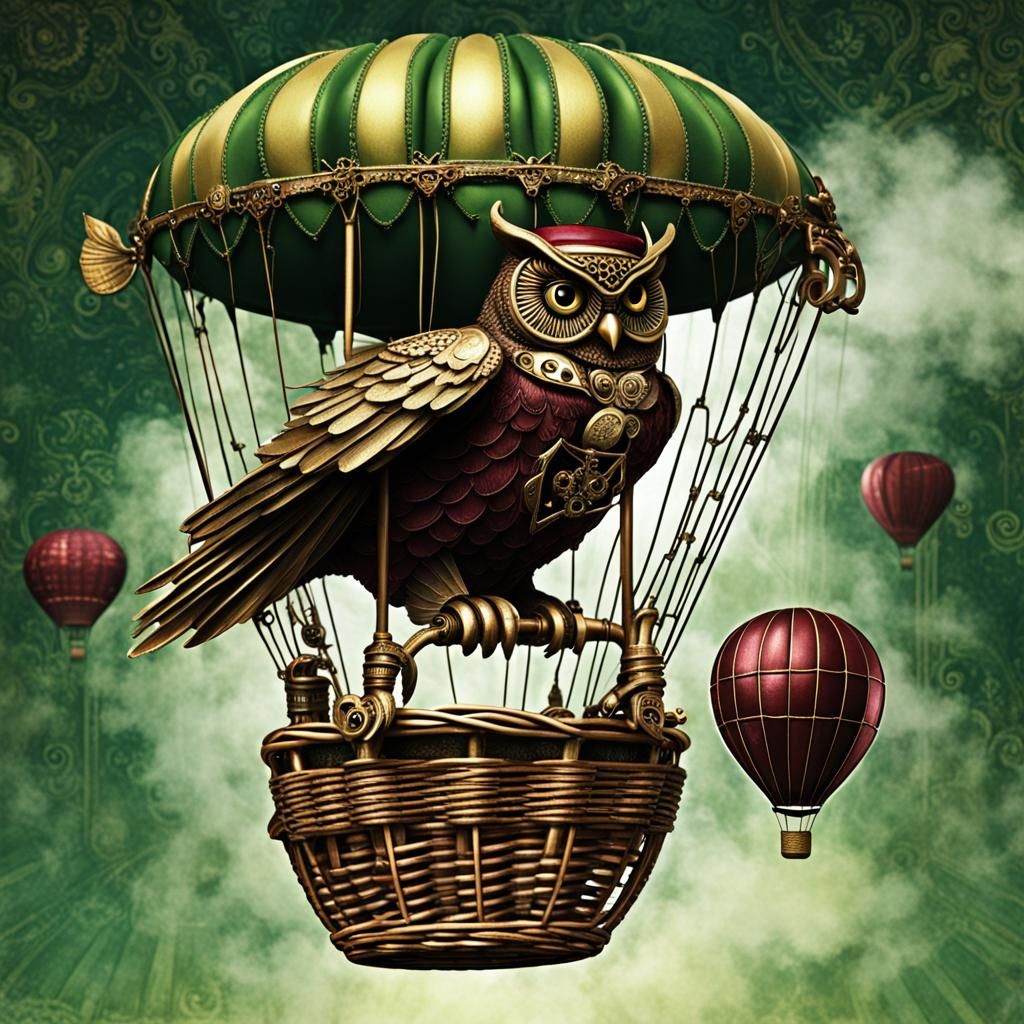 Steampunk Owl Soaring in Hot Air Balloon