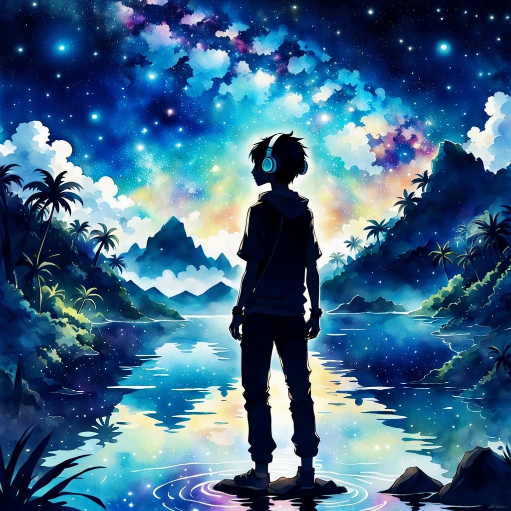 Boy Listening to Music in Starry Anime Landscape