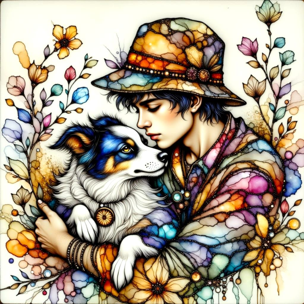 Man and Border Collie Puppy in Soft Watercolor Garden Scene