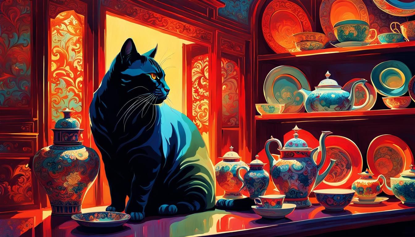 Vibrant Cat-Bull in China Shop: Digital Illustration