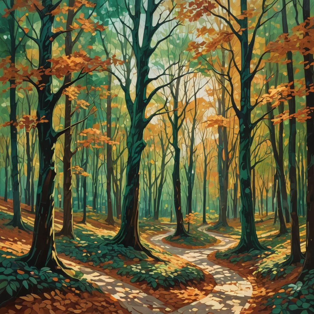 Expressionist Autumn Forest Landscape with Winding Paths