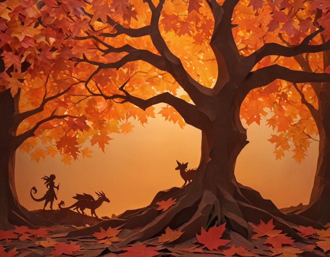 Autumn Forest Paper Cutout with Anthropomorphic Dragon
