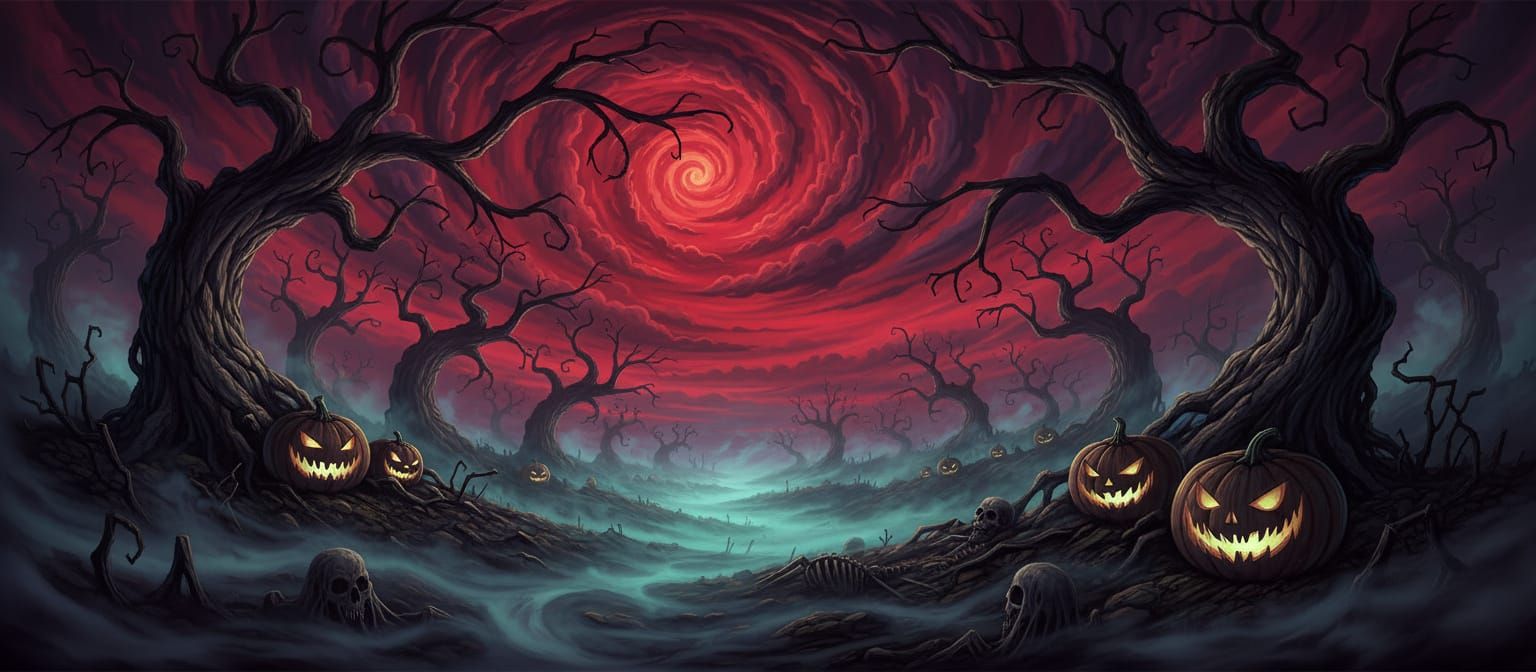 Surreal Gothic Halloween Scene with Gnarled Trees and Glowin...