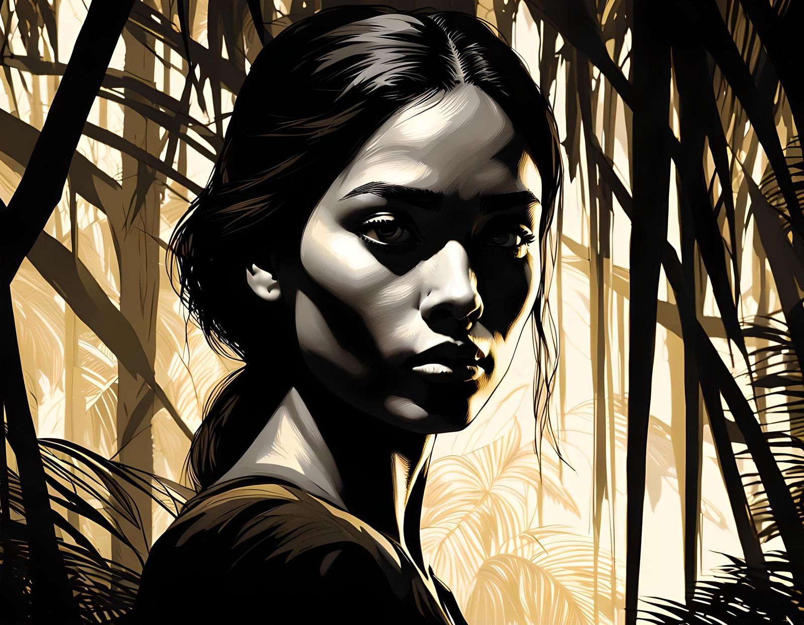 Golden Jungle Portrait in Chiaroscuro Style