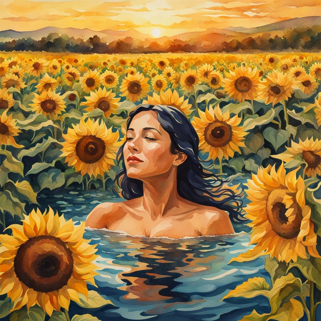 Woman Swimming in Sunflowers Watercolor