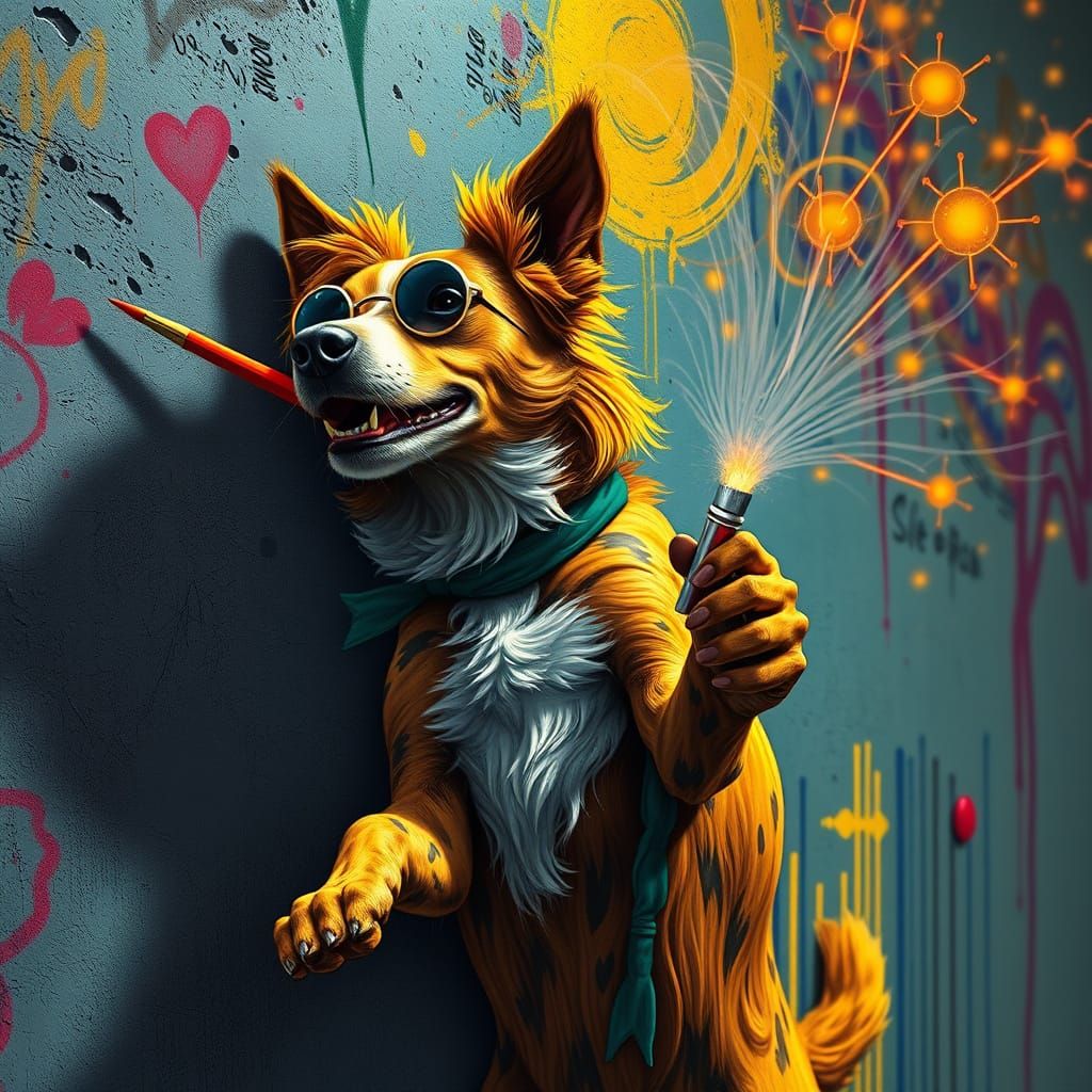 dancing neurons with a dancing 1970s Disco/Funk dog has a paint brush in his hands painting graffiti on a wall,  in imma...