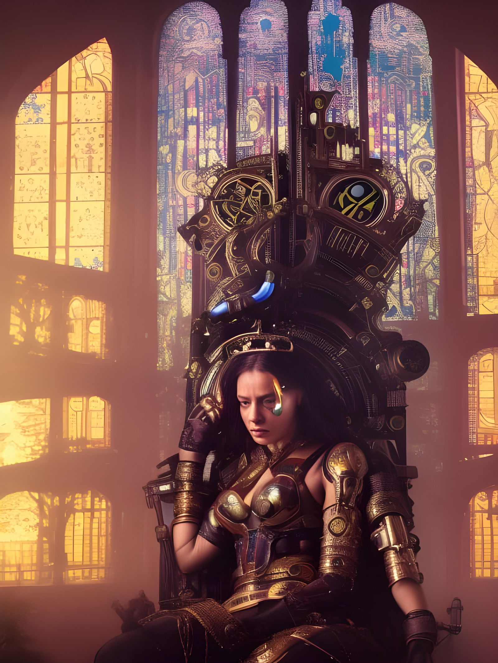 Cyberpunk Queen on Throne with Stained Glass
