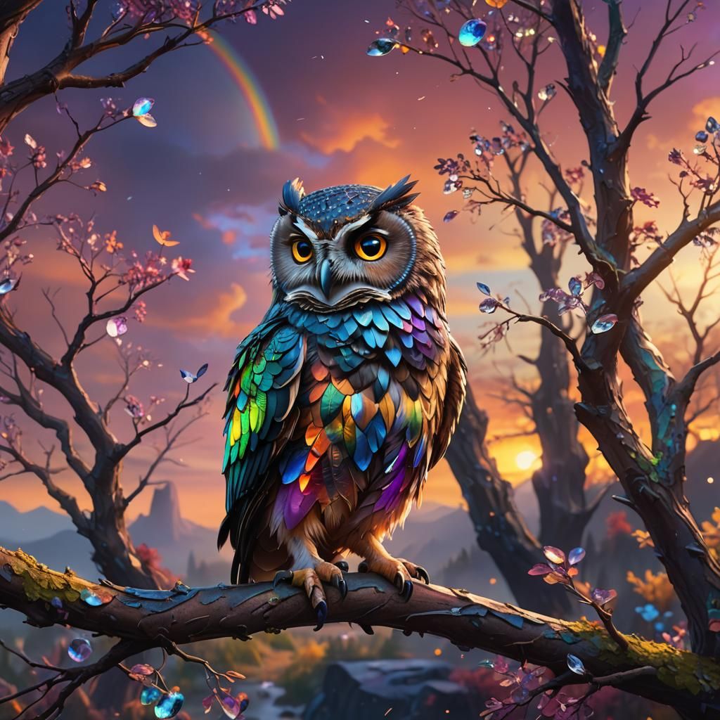 Crystal Owl on Rainbow Sunset: Fantasy Art