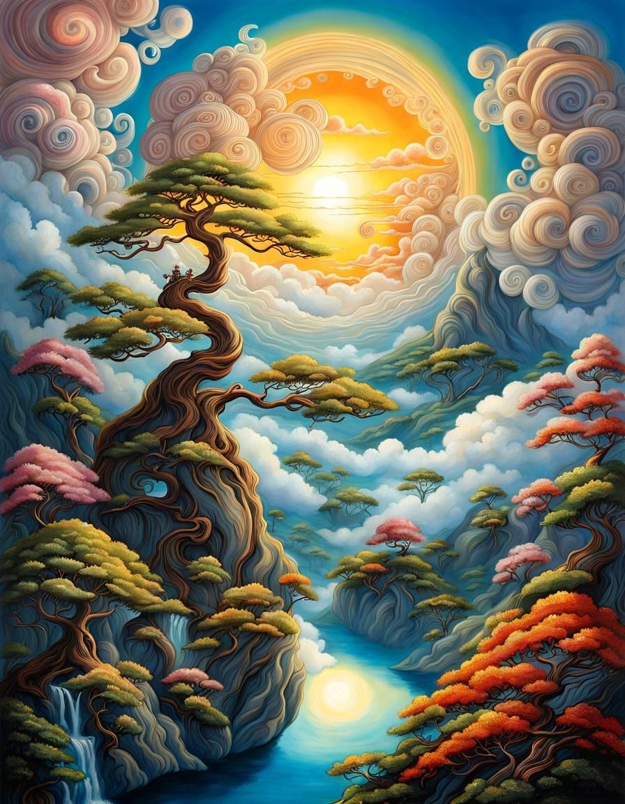 Dreamlike Bonsai Landscape with Swirling Clouds