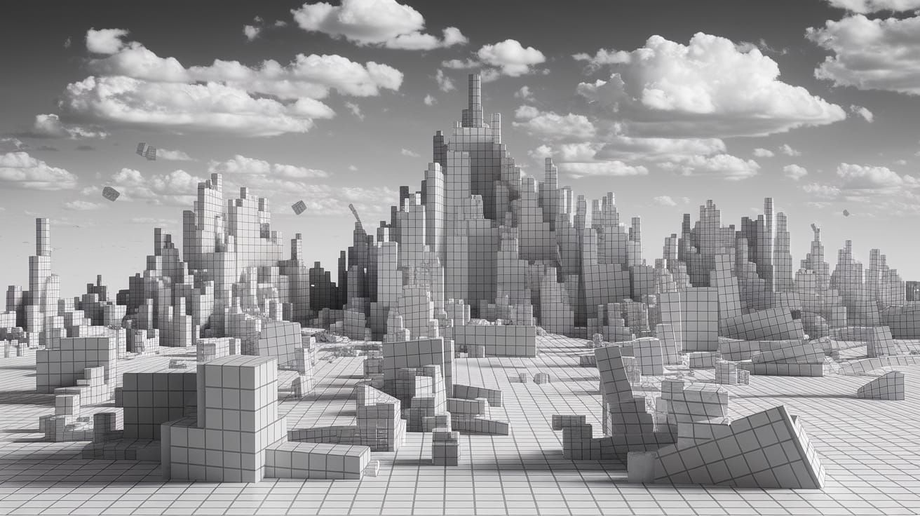 a wistful surreal flat 2d pencil sketch abstract landscape on a page where everything is square-shaped, The image is mo...